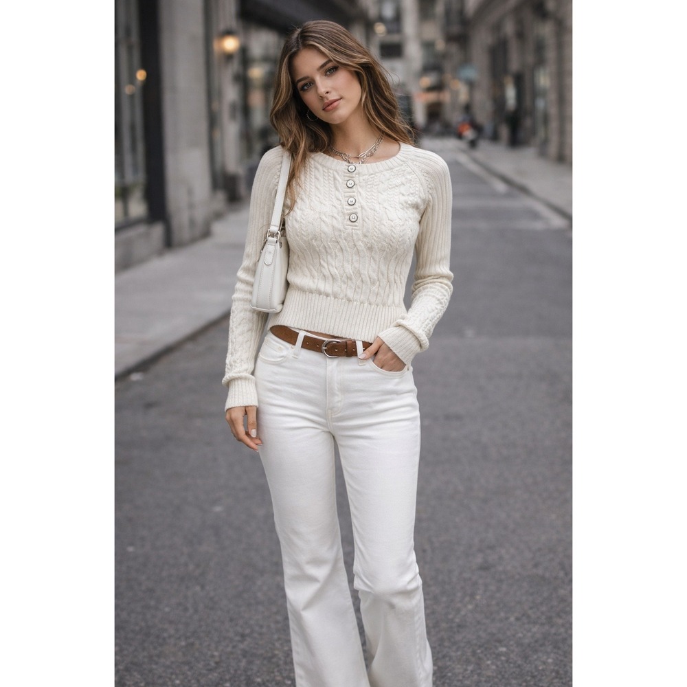 DKNY Jeans Cable Knit Sweater Henley Size XL‎ White Cream Y2K Retro Monochrome